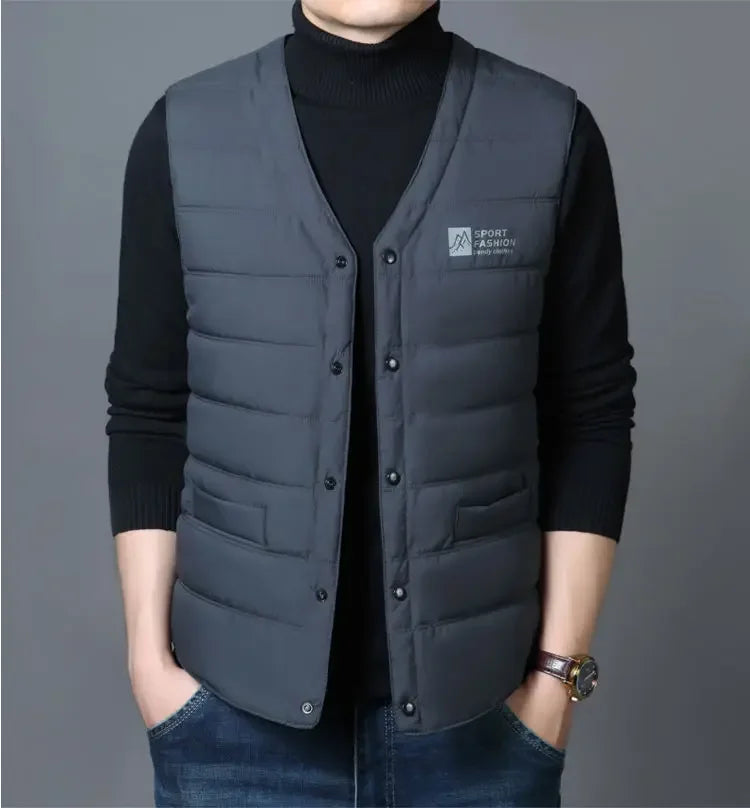 Warm Men's Down Vest - V Neck Quilted Cotton, Winter