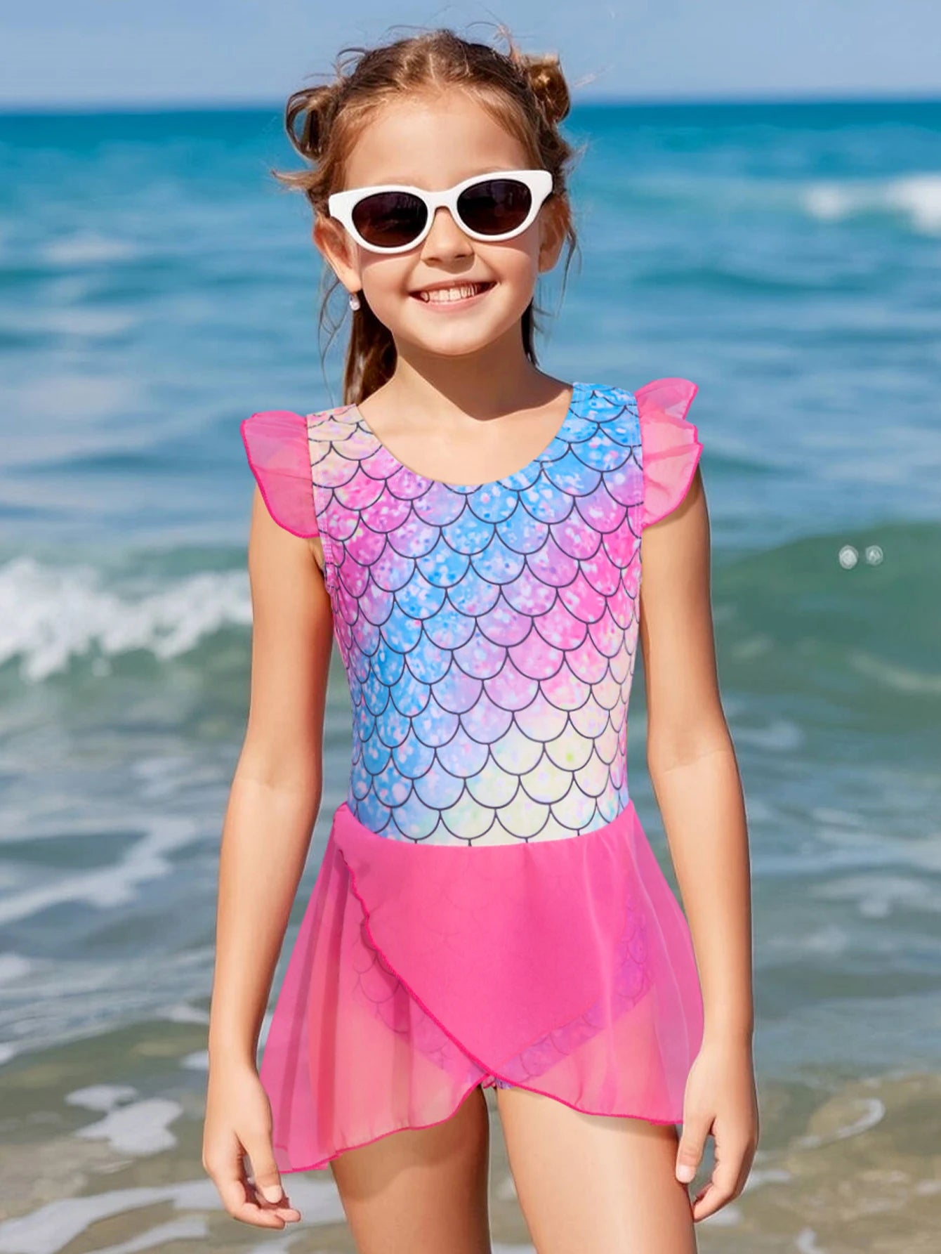 Quick-Dry Durable Girls' One-Piece Swimsuit – Mermaid-Scale Print, Ruffle Sleeves, Tulle, Polyester Elastane, Beach