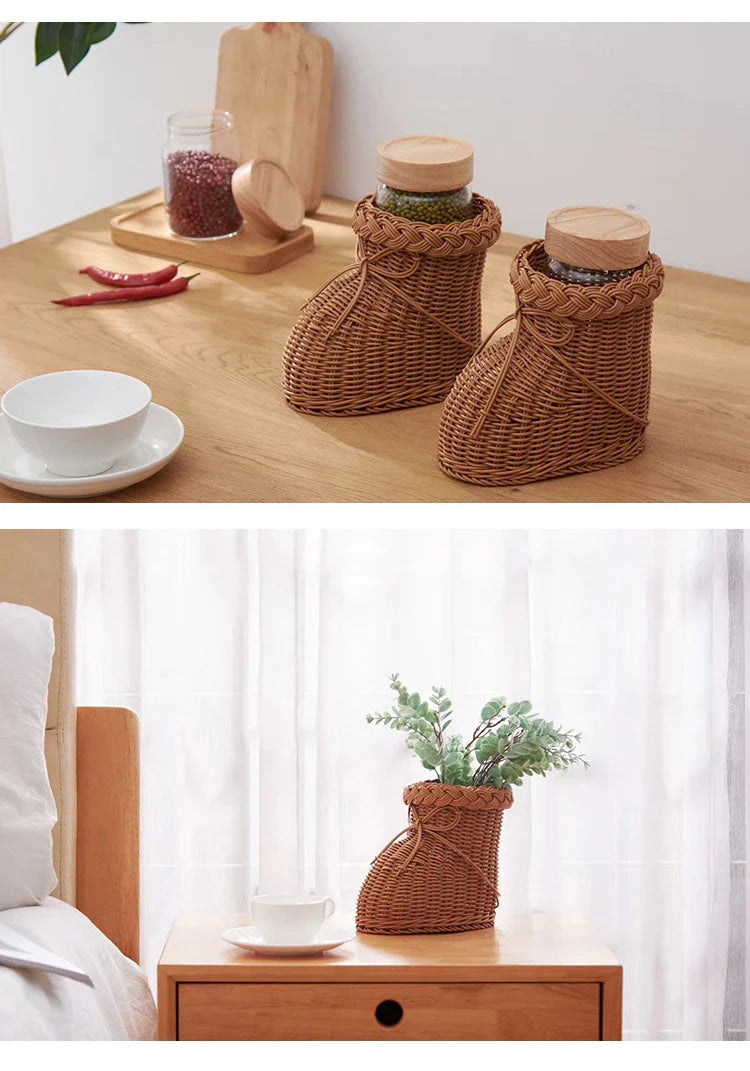 Rattan Vase Boot Shaped Imitation Woven Tabletop Christmas Decor Holiday 2025 Cute Centerpiece Gift
