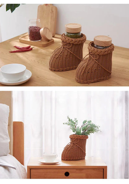 Rattan Vase Boot Shaped Imitation Woven Tabletop Christmas Decor Holiday 2025 Cute Centerpiece Gift