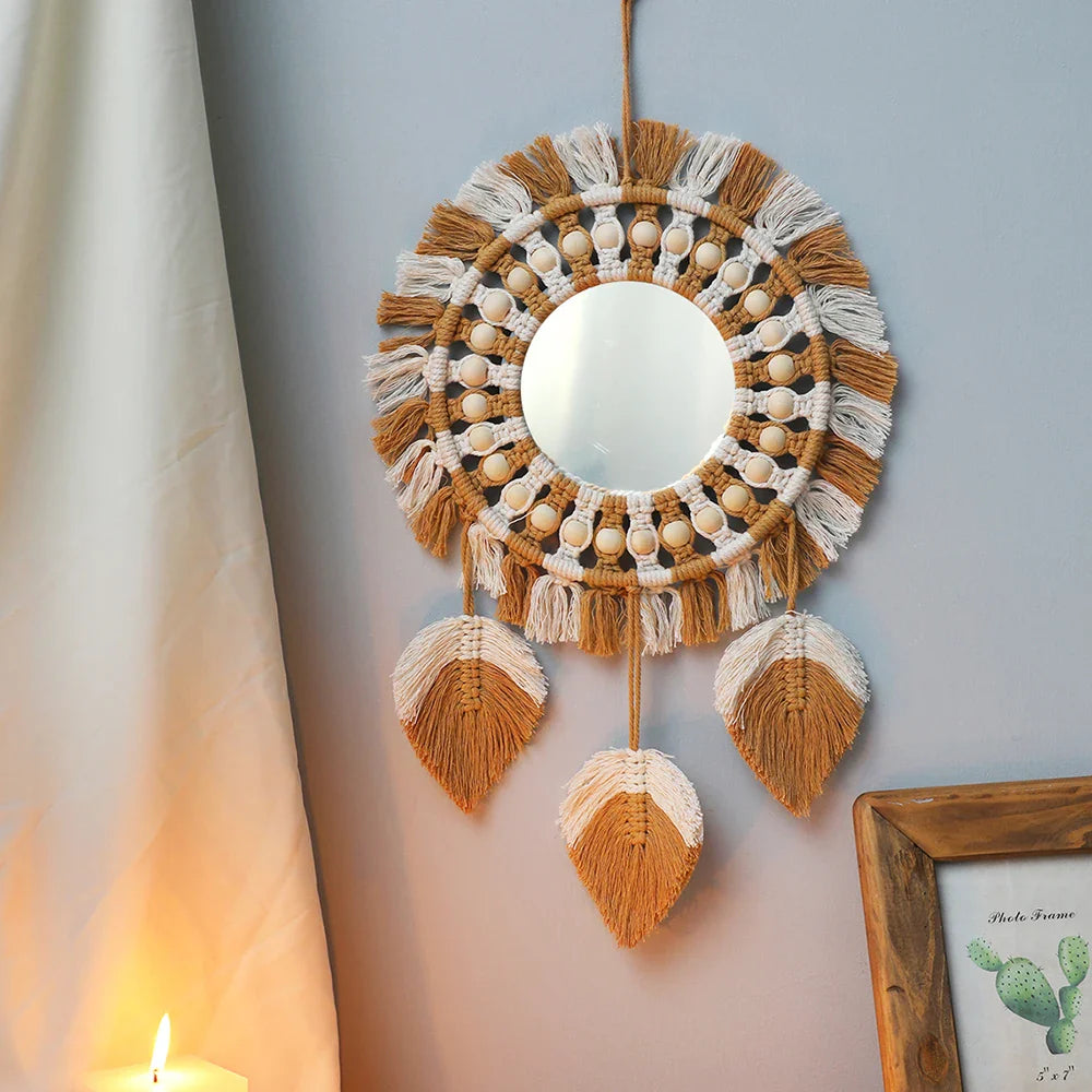 Set di Specchi Macramè con Frangia in Cotone Specchi da Parete Boho Appendibili Autunno 2025 Decorazione Accogliente per Cameretta Regalo per la Casa