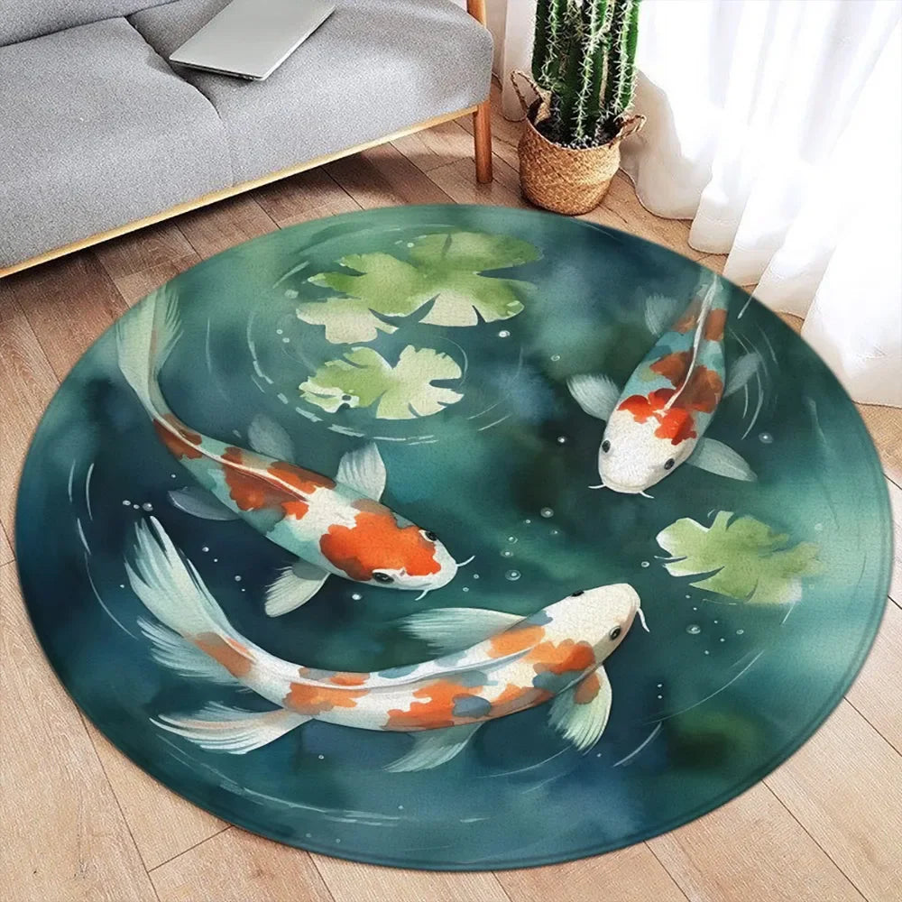 Koi Fish Round Rug Japanese Water Ink Floor Decor Serene