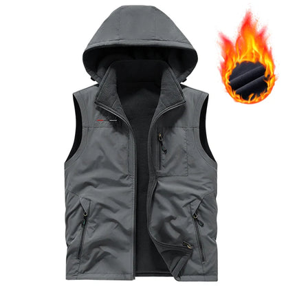 Warm Versatile Men Hooded Vest - Fleece Lined, Nylon, Outdoor
