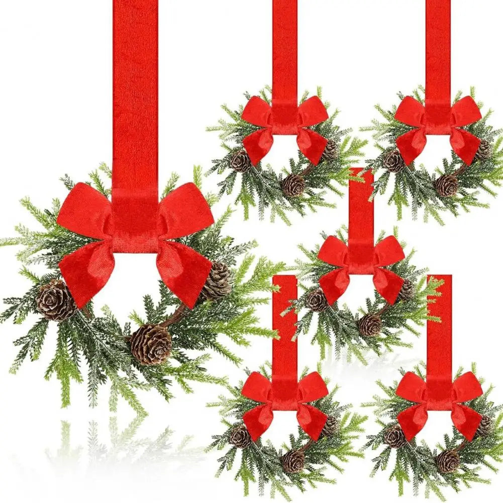 Juego de 6 coronas navideñas mini para gabinete con lazos rojos decoración duradera artificial estilo granja para las fiestas 2025