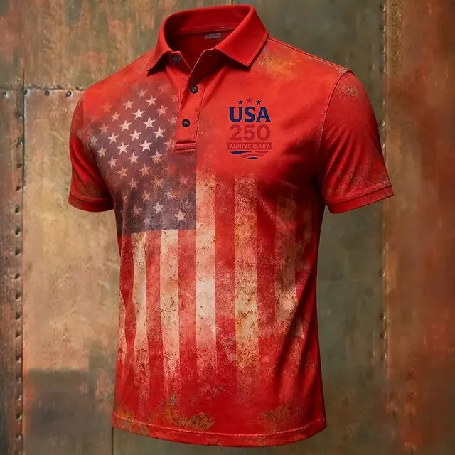 Lightweight men's polo shirt - graphic flag print, cotton, casual summer wear for outdoor events