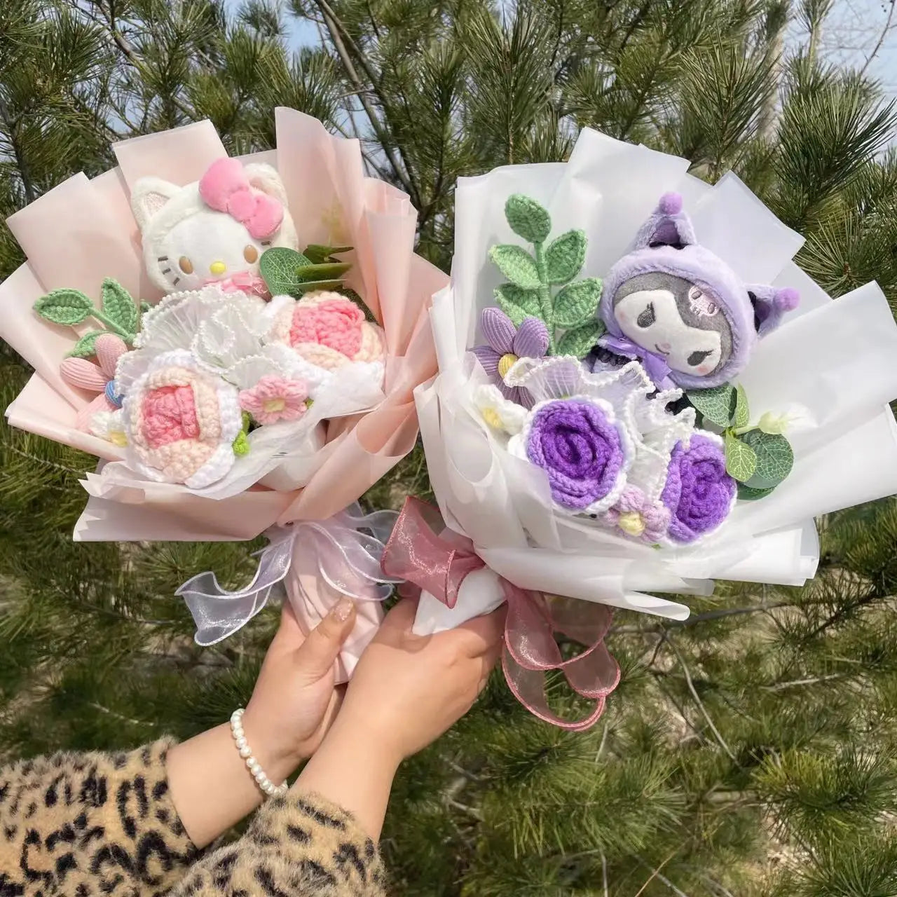 Bambole di gatto Kawaii Hello Kitty con fiori artificiali Bouquet Sanrio creativo Regali di laurea di compleanno di San Valentino di Natale