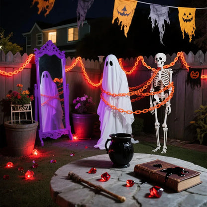 Halloween-plastic lichtslinger met ketting en 8 lichtstanden, skelet en hond, griezelige buitendecoratie 2026