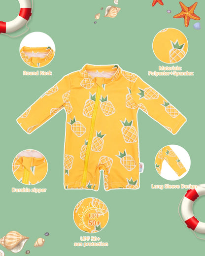 Breathable unisex long-sleeve rash guard - one-piece swimsuit, UPF 50+, pineapple print, for babies and toddlers