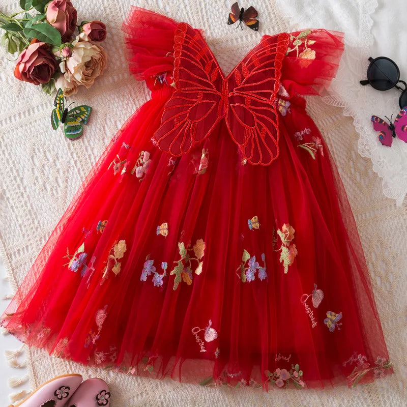 Lightweight flowy girls' dress - knee-length tulle, floral print, polyester, for weddings