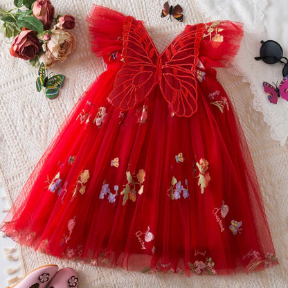 Lightweight flowy girls' dress - knee-length tulle, floral print, polyester, for weddings