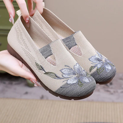 Breathable Women’s Flats - Slip-On Mesh, Embroidered