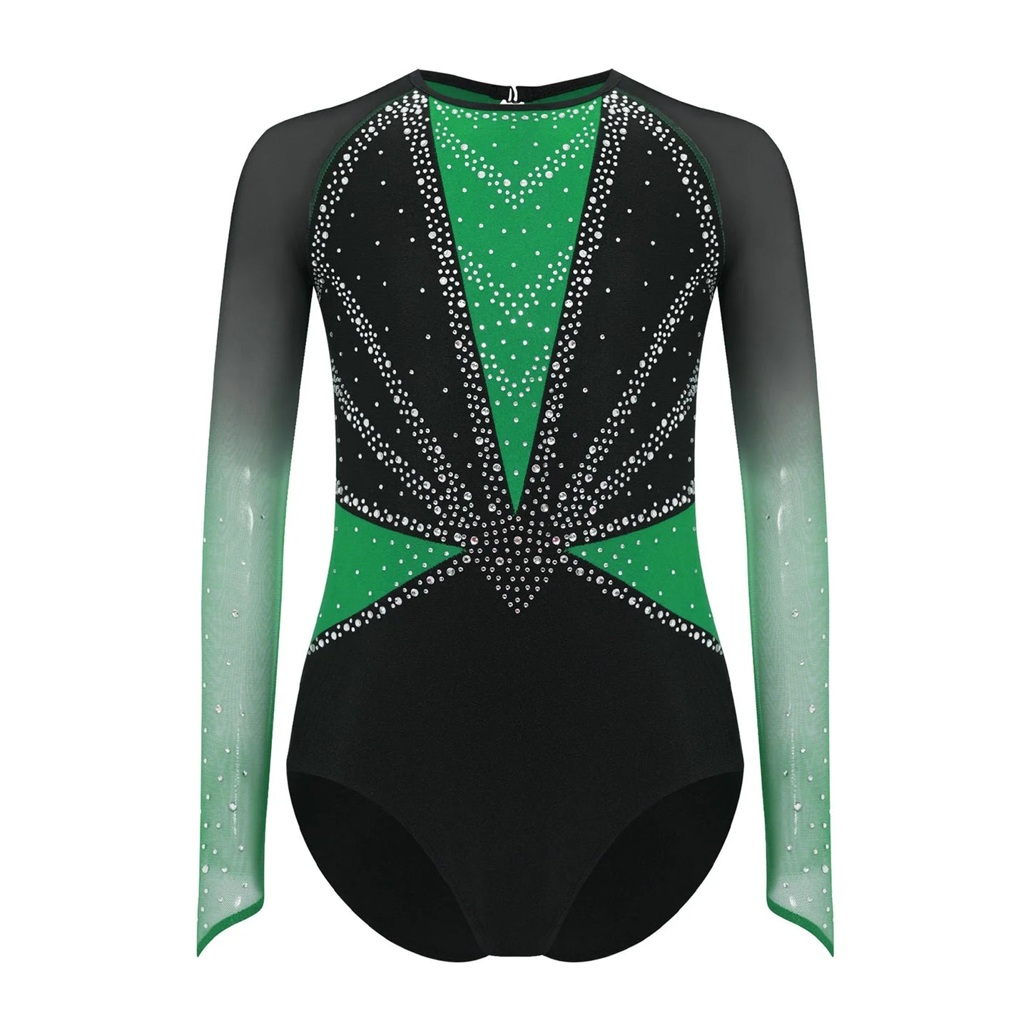 Strækbar pige dragt - flatterende, rhinsten-detaljeret, langærmet, mesh-panel, polyester elastan, til gymnastik