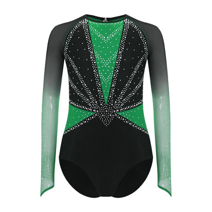 Strækbar pige dragt - flatterende, rhinsten-detaljeret, langærmet, mesh-panel, polyester elastan, til gymnastik