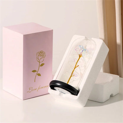 Rosa Galassia in Oro 24K con Luci LED – Scatola Regalo per la Festa della Mamma Fiore in Alluminio con Luci a Stringa e Scatola Fiore Artificiale Regalo