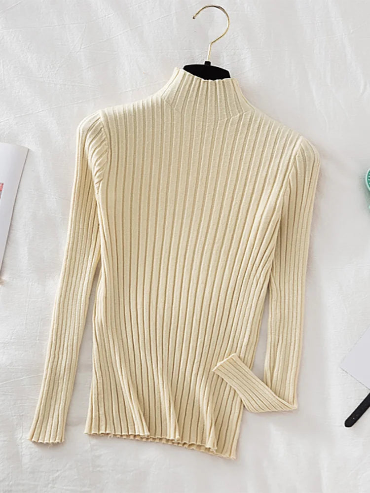 Stretchy Flattering Women Ribbed Sweater - Mock Neck, Knit