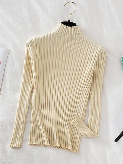 Stretchy Flattering Women Ribbed Sweater - Mock Neck, Knit