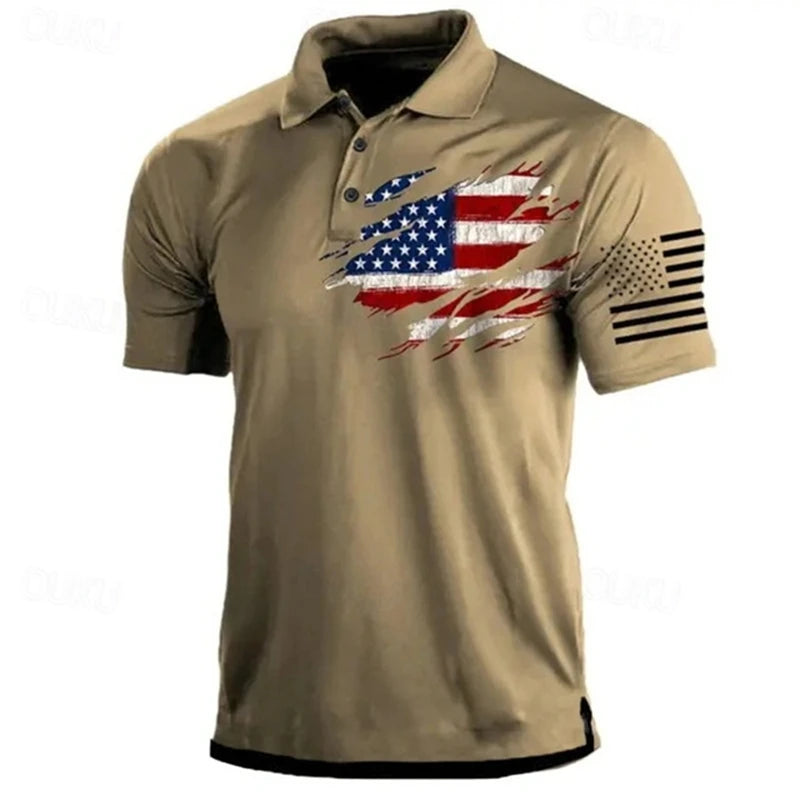 Lightweight men's polo shirt - classic polo, 3D American flag print, casual everyday wear