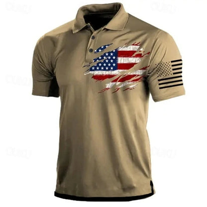 Lightweight men's polo shirt - classic polo, 3D American flag print, casual everyday wear