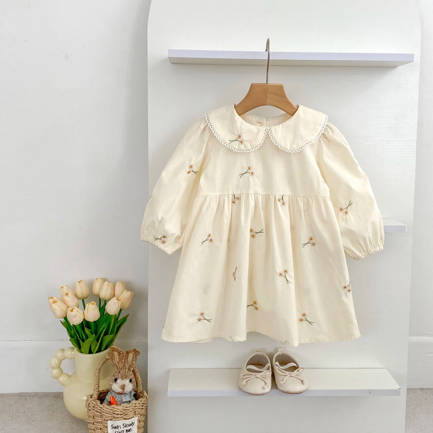 Soft, classic girls' dress - Peter Pan collar, cotton, floral embroidery, mid-calf length for spring