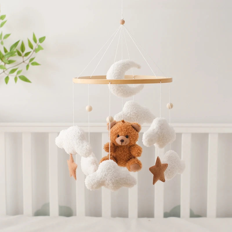 Wooden Crib Mobile Felt Bear Musical Newborn Sensory Toys