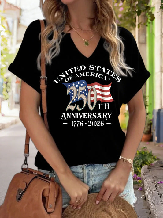 Soft women's graphic tee - V-neck, polyester-elastane blend, for USA 250th anniversary
