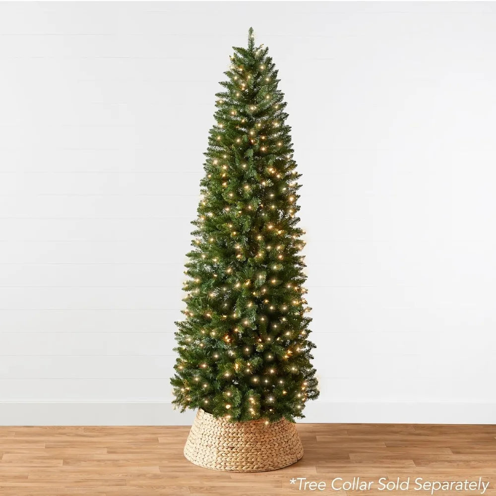 Slim Pre-Lit Christmas Tree - Space-Saving Pencil Spruce with 350 Lights, 1,075 Tips, Metal Base for Festive Decoration