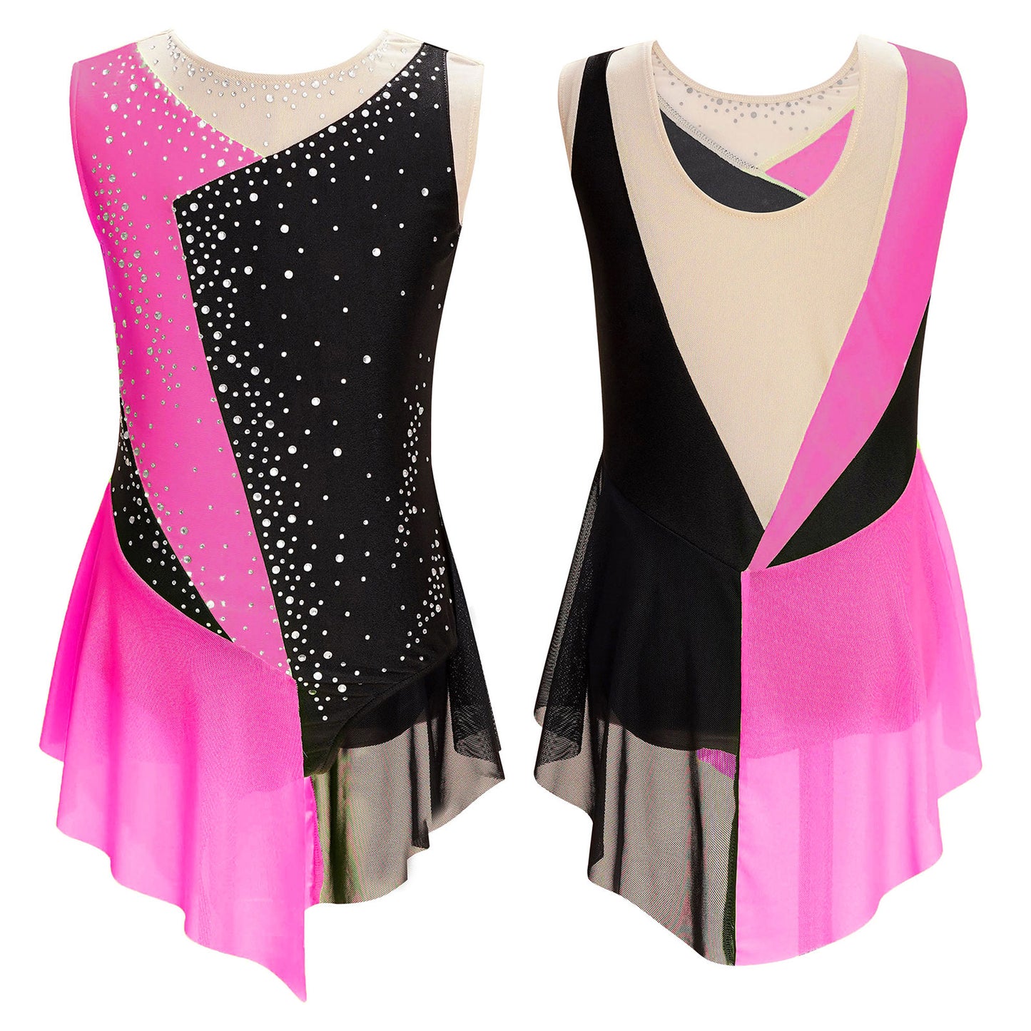 Stretchy girls' leotard - rhinestone mesh yoke, sleeveless, polyester, nylon, elastane, for lyrical dance performance