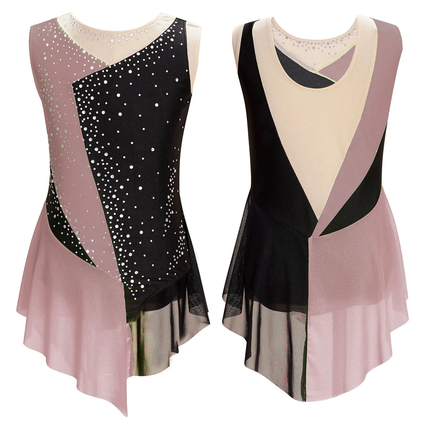 Stretchy girls' leotard - rhinestone mesh yoke, sleeveless, polyester, nylon, elastane, for lyrical dance performance
