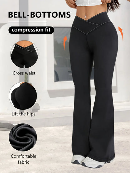 Relaxed women's high-waist wide-leg leggings – flared hem cross-waist design, casual sports trousers