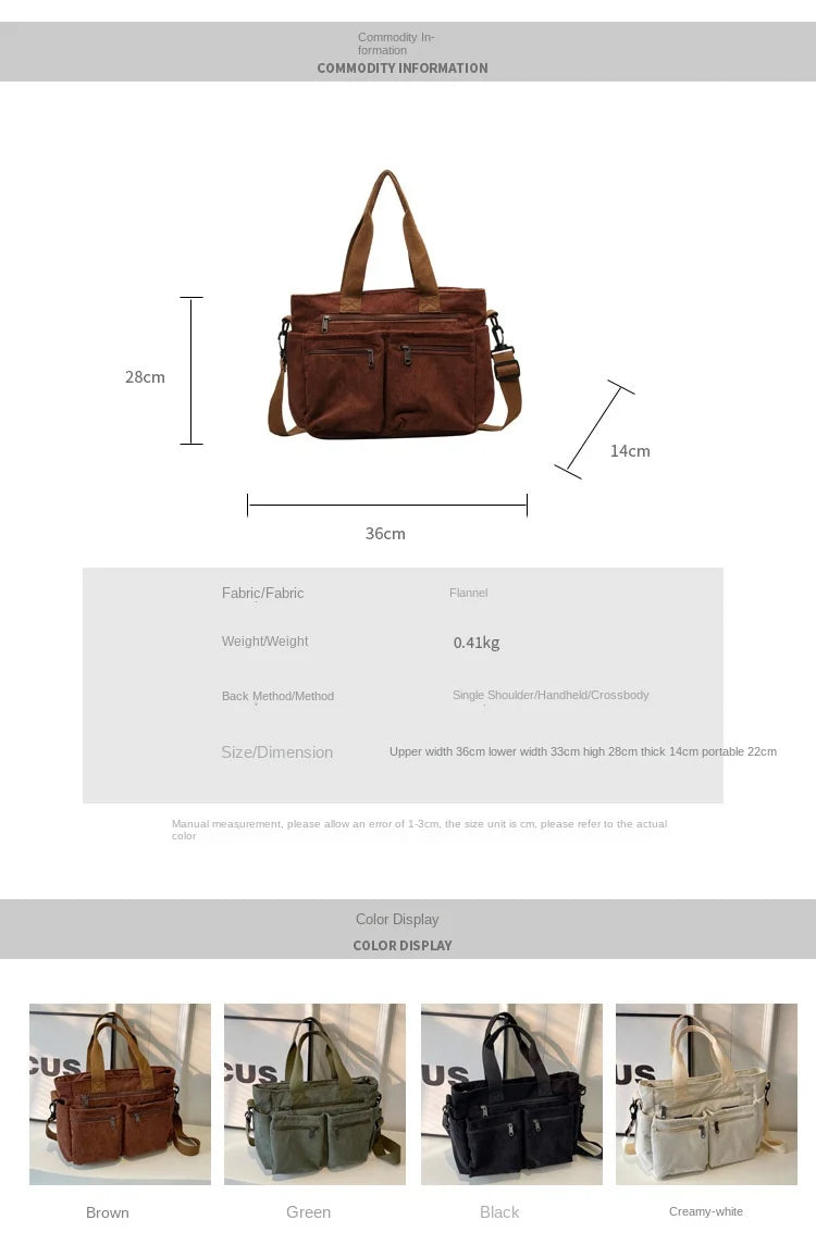 Relaxed women's corduroy messenger bag – multi-pocket, casual commuter tote, oversized
