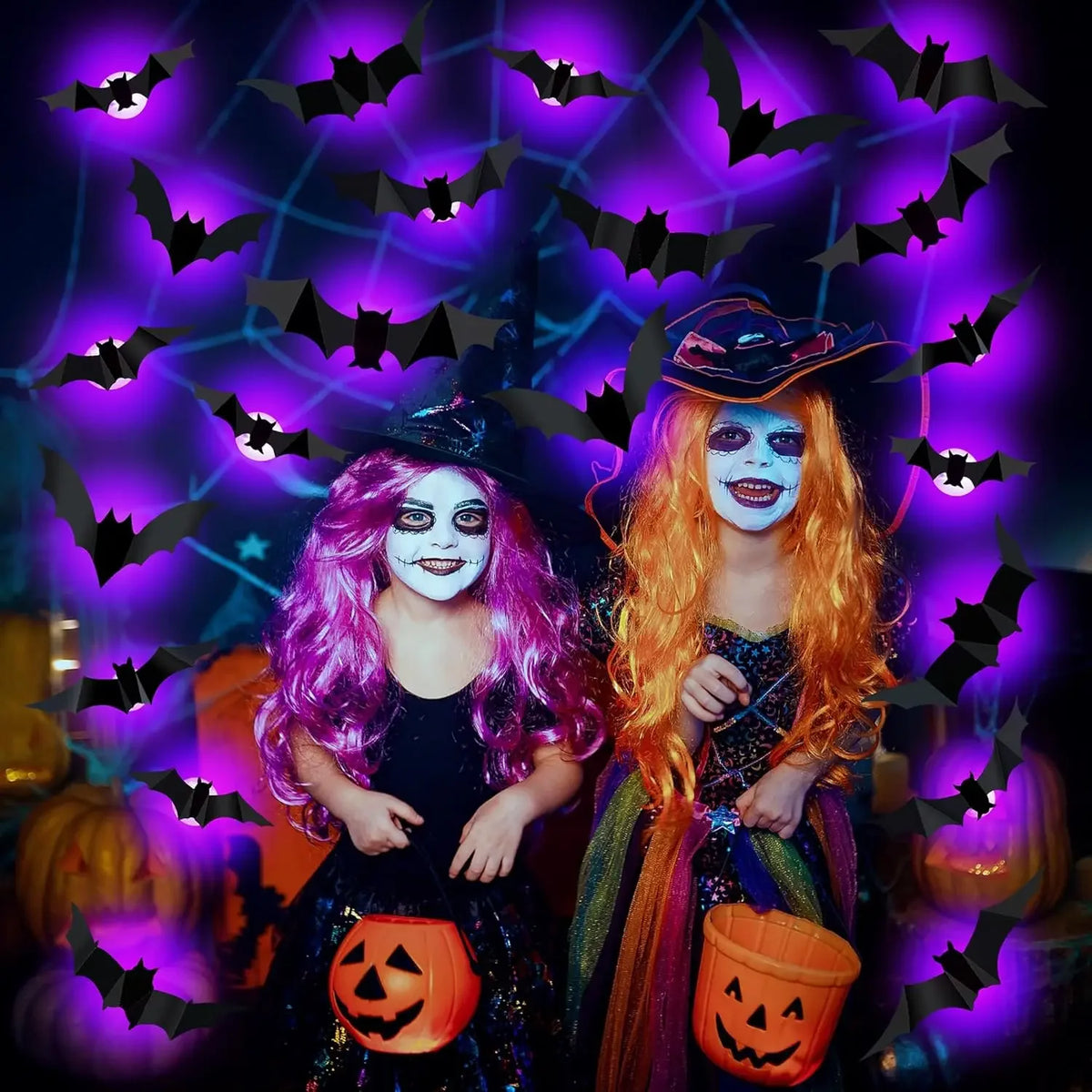 3D-paarse en groene LED-nachtlamp als Halloween-vleermuis en -spin, zelfklevende muurstickers voor huis en feestdecoratie 2026