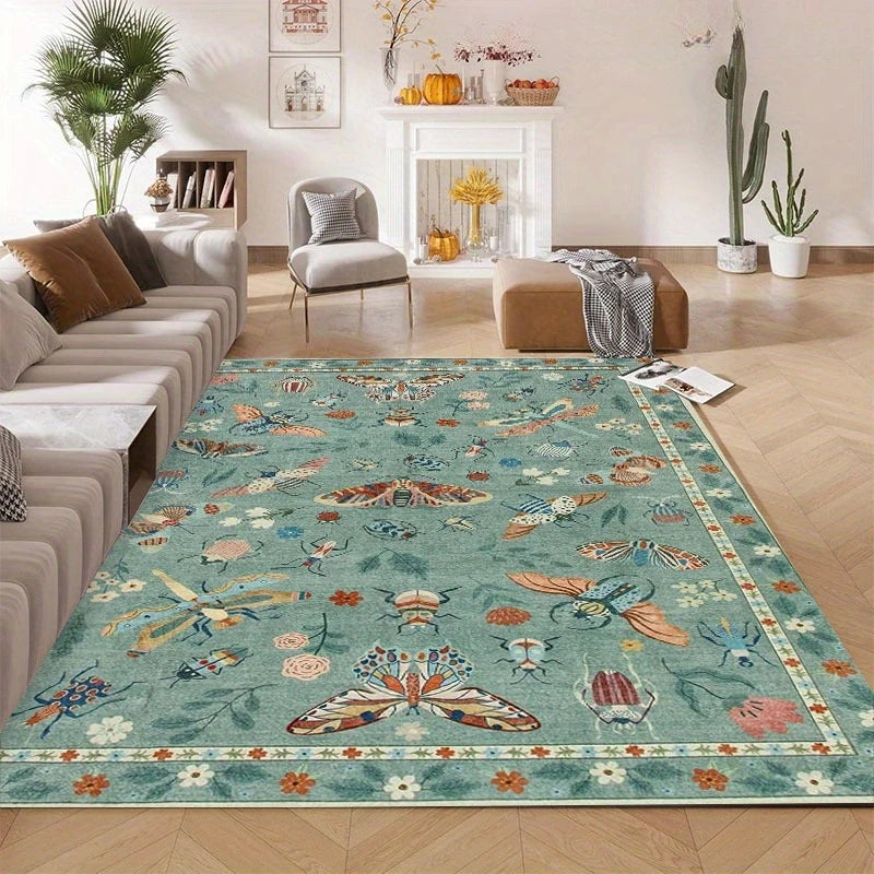 Insect Print Area Rug Teal Washable Non Slip Living Room