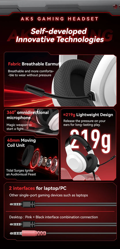 Gaming Headset Wired Lightweight With Omnidirectional Mic