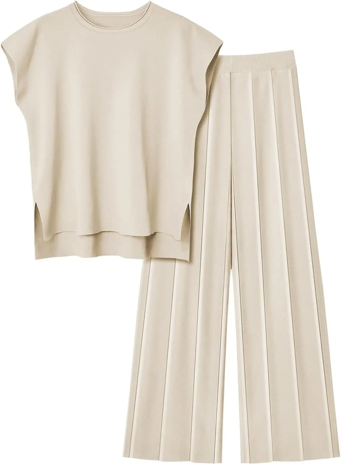 Soft Relaxed Women’s Two-Piece Pant Set – Sleeveless Round-Neck Knit Top, High-Waist Wide-Leg Trousers For Summer