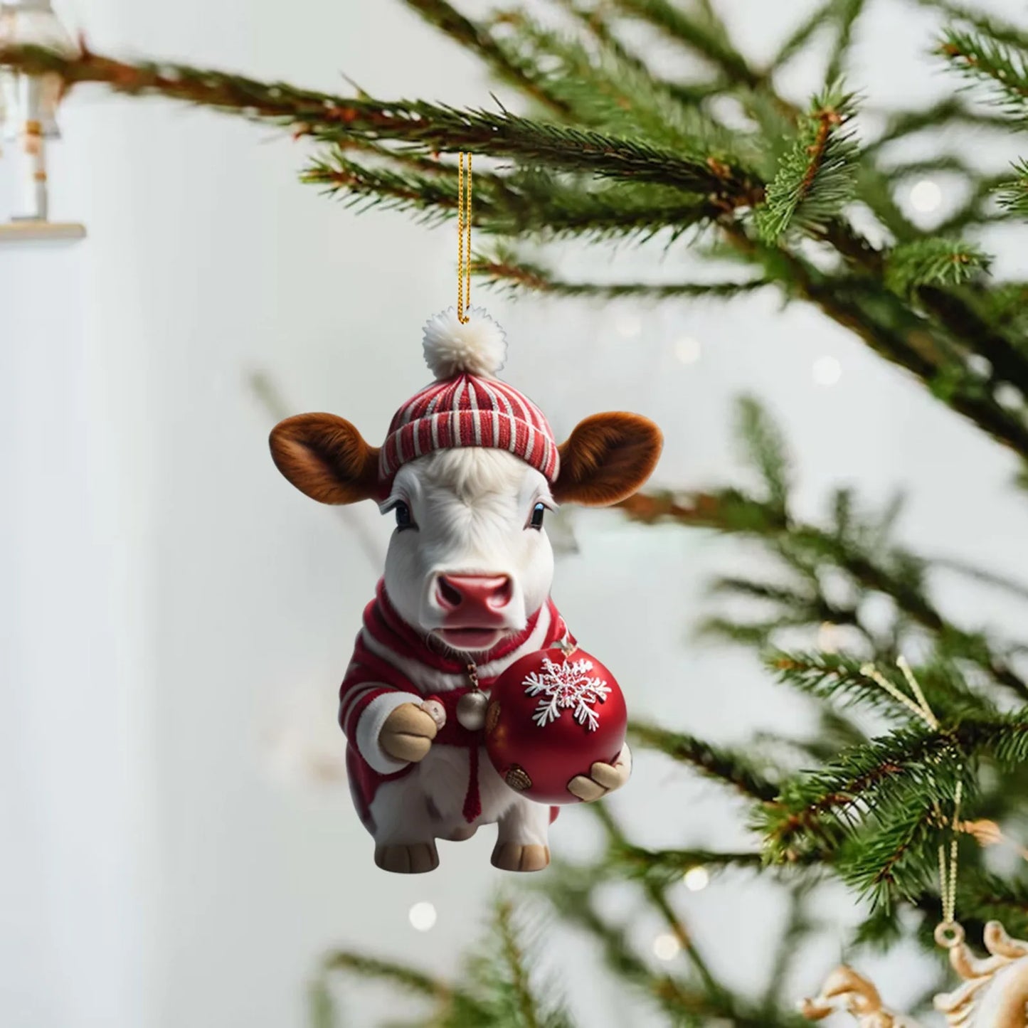 2D Acrylic Cartoon Cow Christmas Ornament - Fun Holiday Decoration, Cute Tree Pendant for Kids, Perfect Xmas Gift & Party Decor