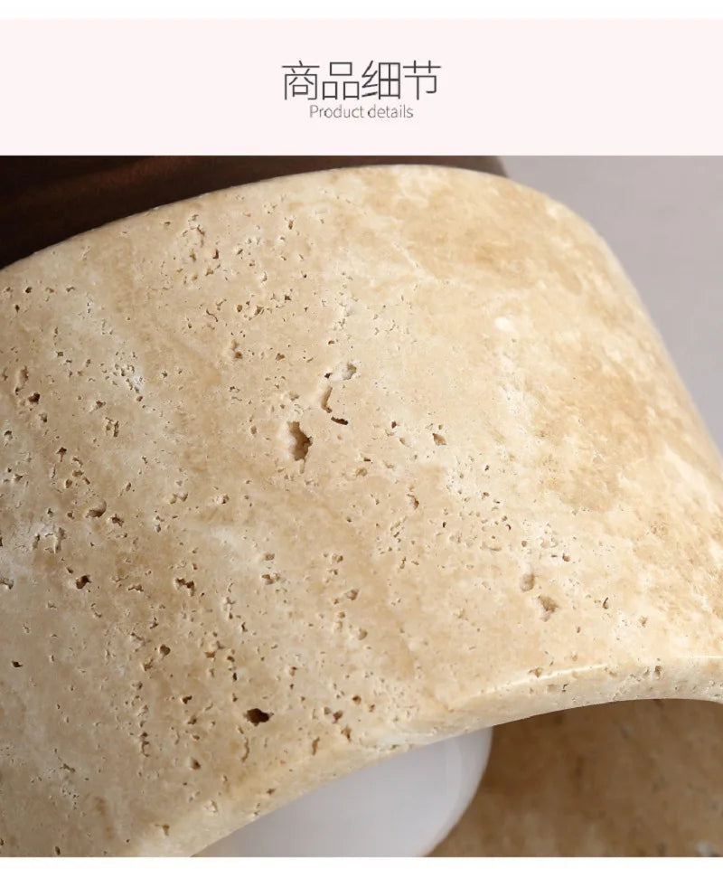 Japandi Travertine Ceiling Light Wood Cap Round Mid Century Lamp