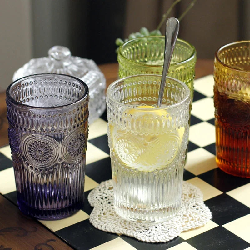 Glass Tumbler 350ml Engraved Sunflower Vintage Drinkware Summer 2025 Tableware Elegant Gift Idea