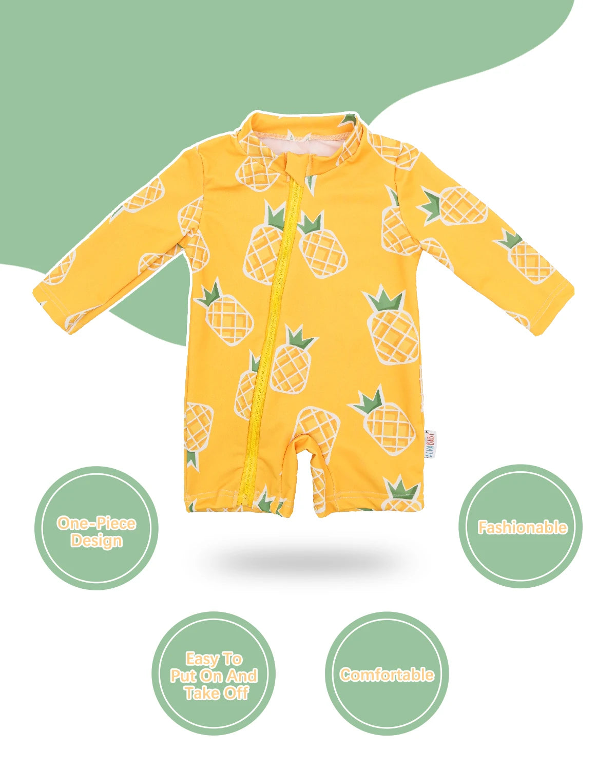 Breathable unisex long-sleeve rash guard - one-piece swimsuit, UPF 50+, pineapple print, for babies and toddlers