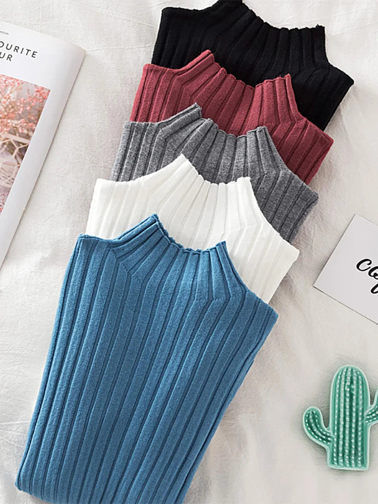 Stretchy Flattering Women Ribbed Sweater - Mock Neck, Knit