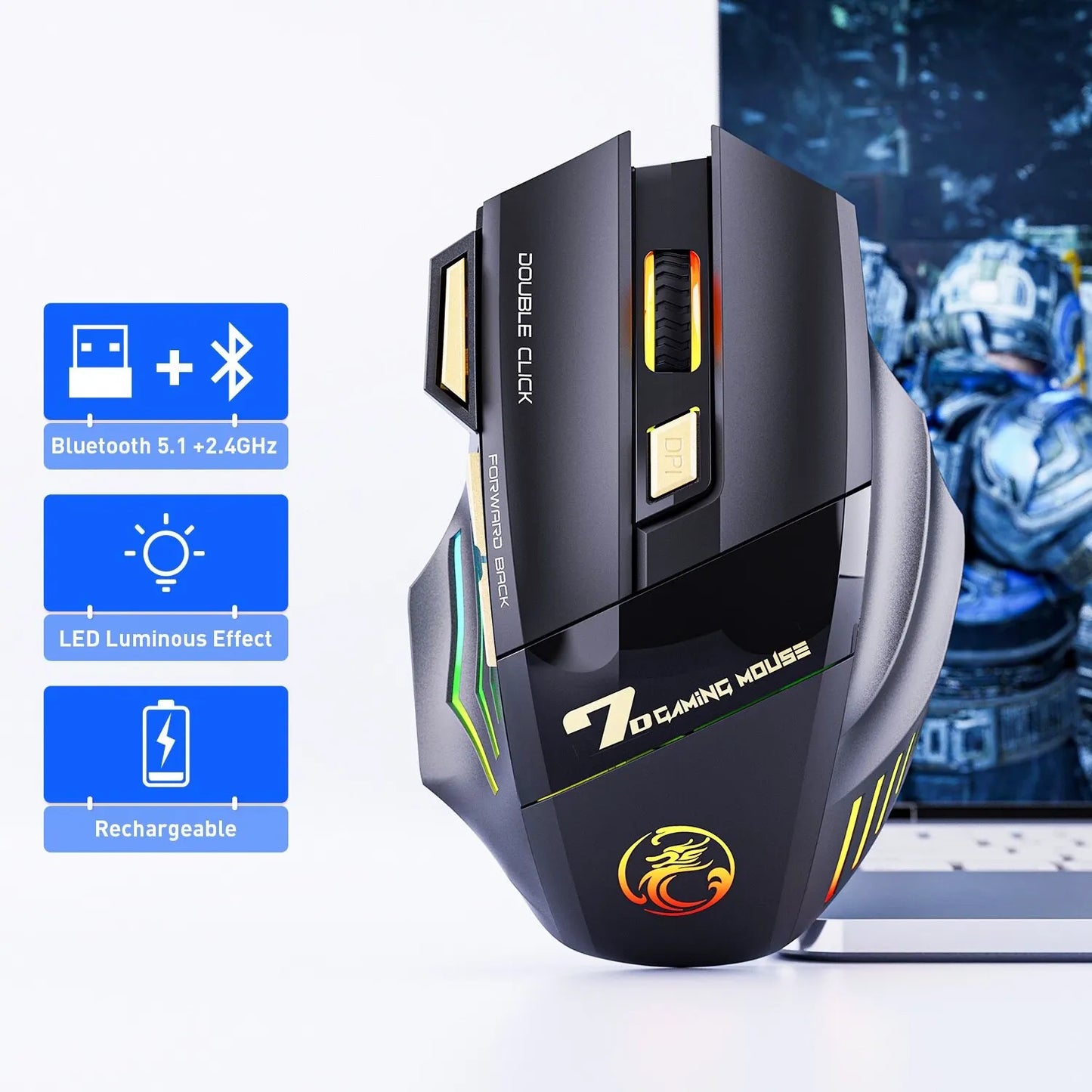 Wireless Gaming Mouse 3200DPI Dual Mode Rechargeable