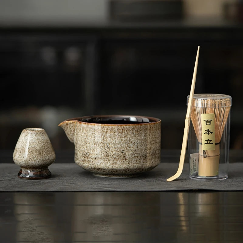 Matcha Tea Set Handmade Pottery Bowl Bamboo Whisk Kit
