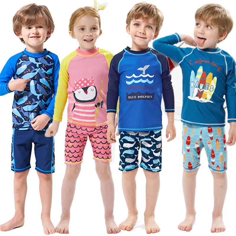 Hurtigtørrende unisex badedragt sæt til børn - langærmet top og shorts, polyester, til sommersvømning
