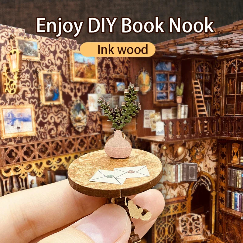 DIY bogkrog sæt træ miniature hyldeinlæg roombox dukkehus model ferie 2025 hyggeligt bibliotek gave