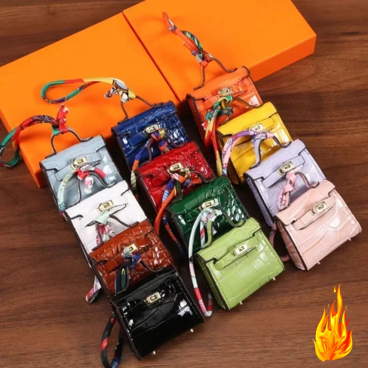 1+1 Free Birkin Inspired Mini Hand Bag - Crocodile Pattern Mini Bag Charm Keychain