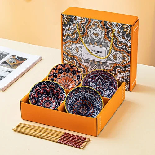 Japansk handmålad keramisk skålsats med ätpinnar