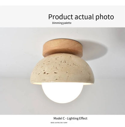 Japandi Travertine Ceiling Light Wood Cap Round Mid Century Lamp