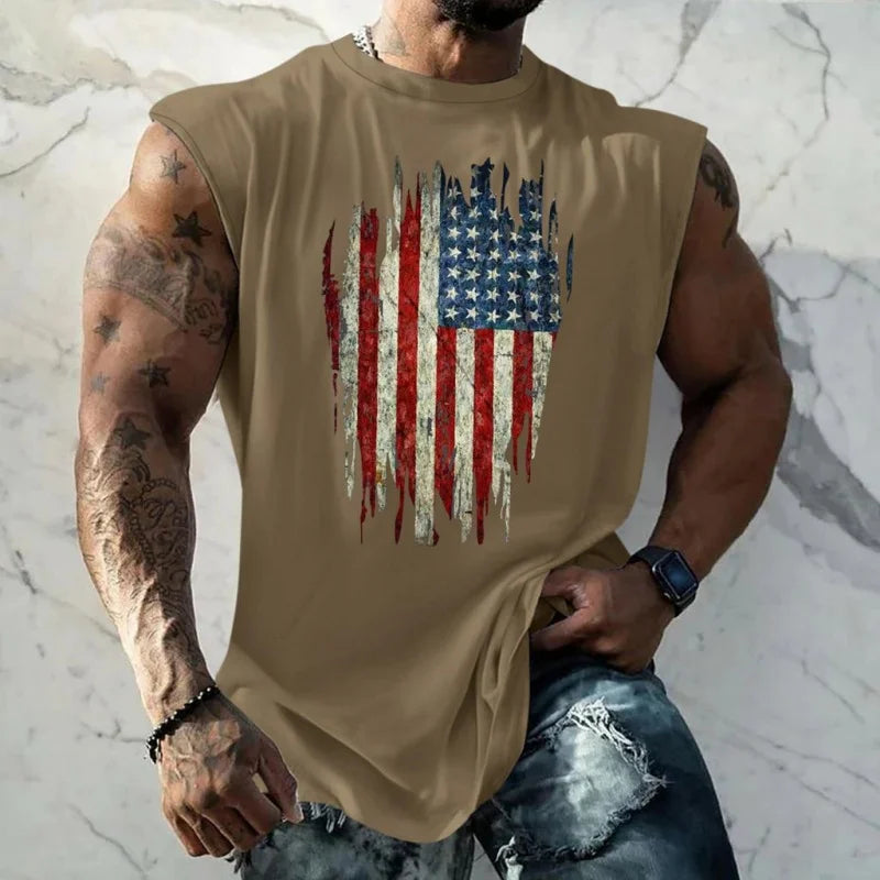 Breathable Men's Tank Top - Round-Neck, Sleeveless, 3D-Printed American Flag Heart Graphic, Casual Summer Wear