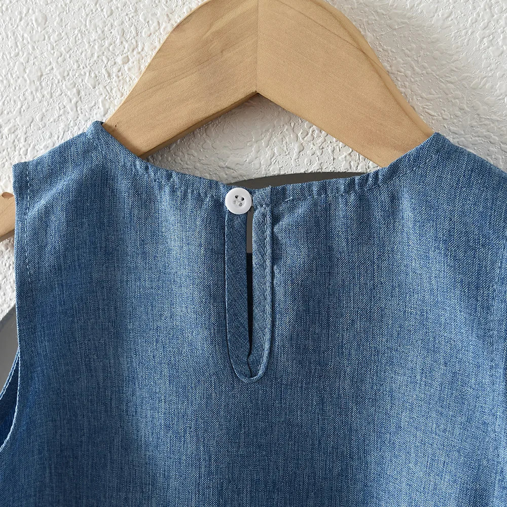 Soft girls' dress - round-neck sleeveless, bow-accented a-line, polyester, casual summer wear