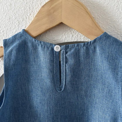 Soft girls' dress - round-neck sleeveless, bow-accented a-line, polyester, casual summer wear