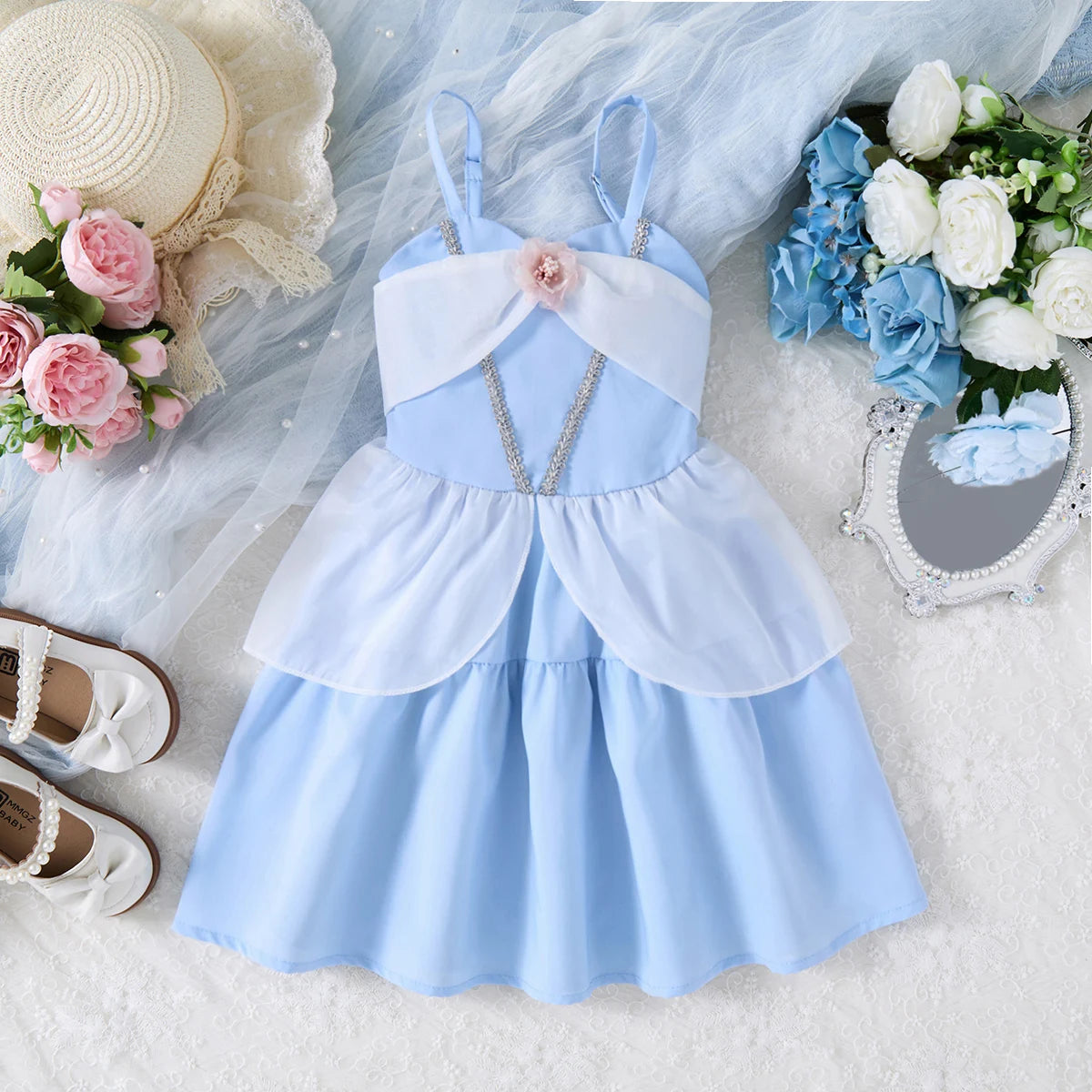 Breathable girls' dress - lace-up sling, sleeveless, flowy, polyester, for summer